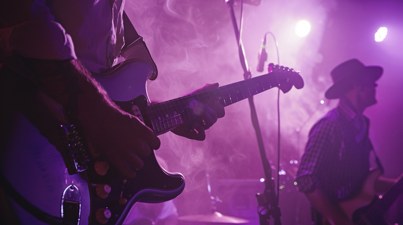 Indie rock guitarists tuning guitars backstage, Arctic Monkeys inspired setup